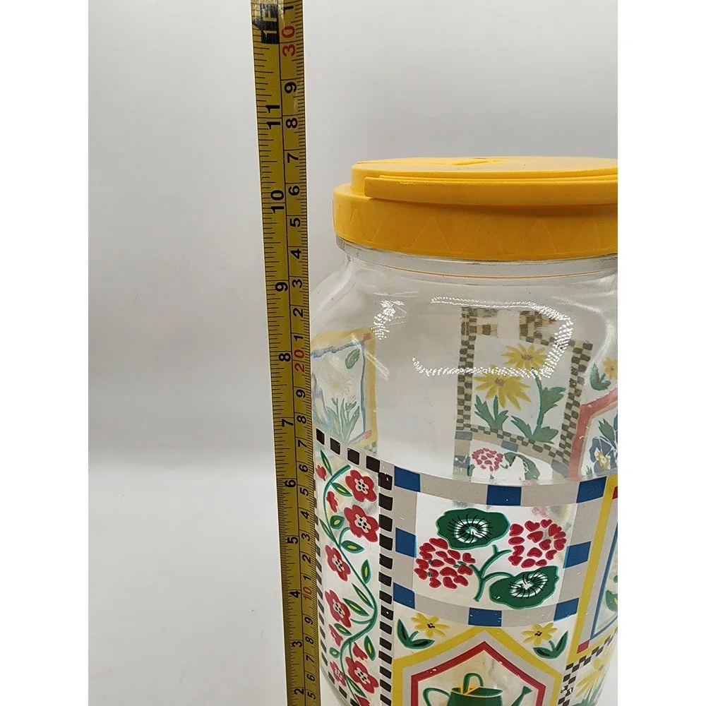 Vintage Floral Glass Sun Tea Jug Water Dispenser Spigot Yellow Lid